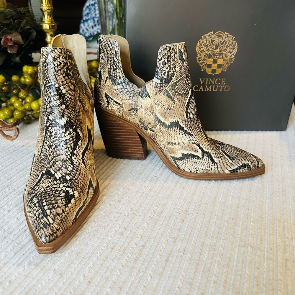 Vince Camuto Beige and Black Snake Print Booties with original boot box.